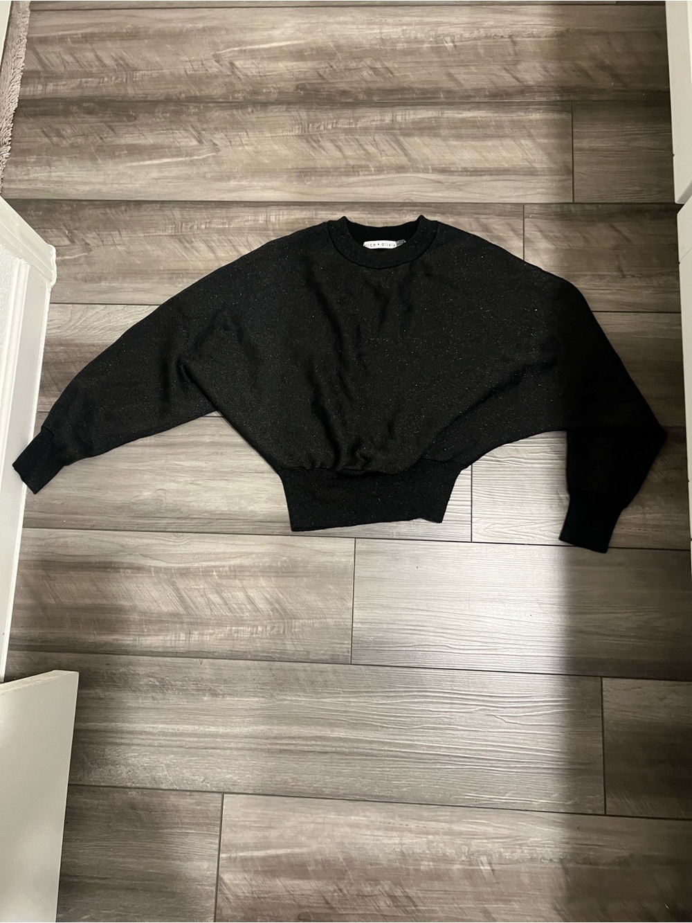 Alice + Olivia Black Cropped Sparkle Crewneck Sweater